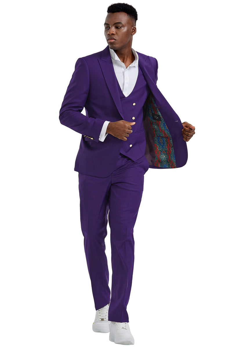 Men's One Button Peak Lapel Vested Suit with Gold Buttons in Purple