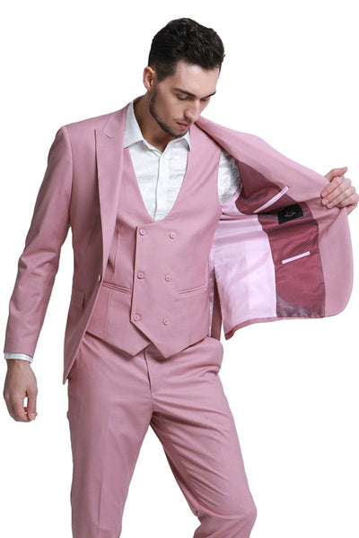Men's Slim Fit One Button Peak Lapel Low Cut Double Breasted Vest Wedding Suit in Mauve Pink