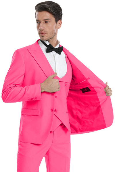 Men's Two Button Vested Peak Lapel Pastel Wedding & Prom Suit in Fuchsia Pink