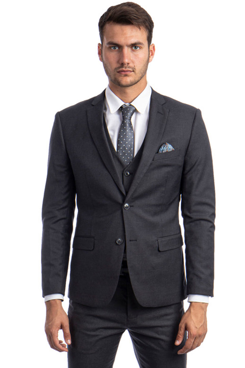 Men's Two Button Slim Fit Vested Solid Basic Color Suit in Charcoal Gr ...