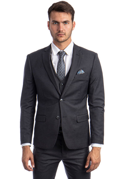 Men's Two Button Slim Fit Vested Solid Basic Color Suit in Charcoal Grey