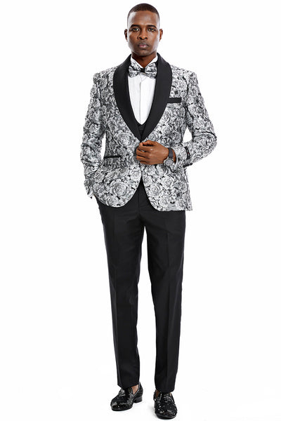 Men's One Button Slim Fit Shiny Paisley Floral Vested Prom Tuxedo in Silver