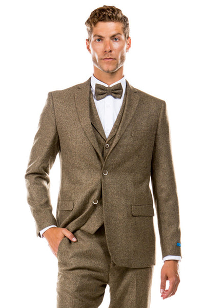 Men's Two Button Vested Vintage Style Tweed Wedding Suit in Tan
