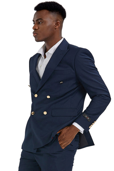 Men's Slim Fit Double Breasted Wedding Suit with Gold Buttons in Navy Blue