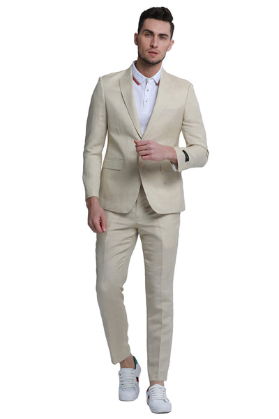 Men's Two Button Peak Lapel Summer Linen Style Beach Wedding Suit in Tan