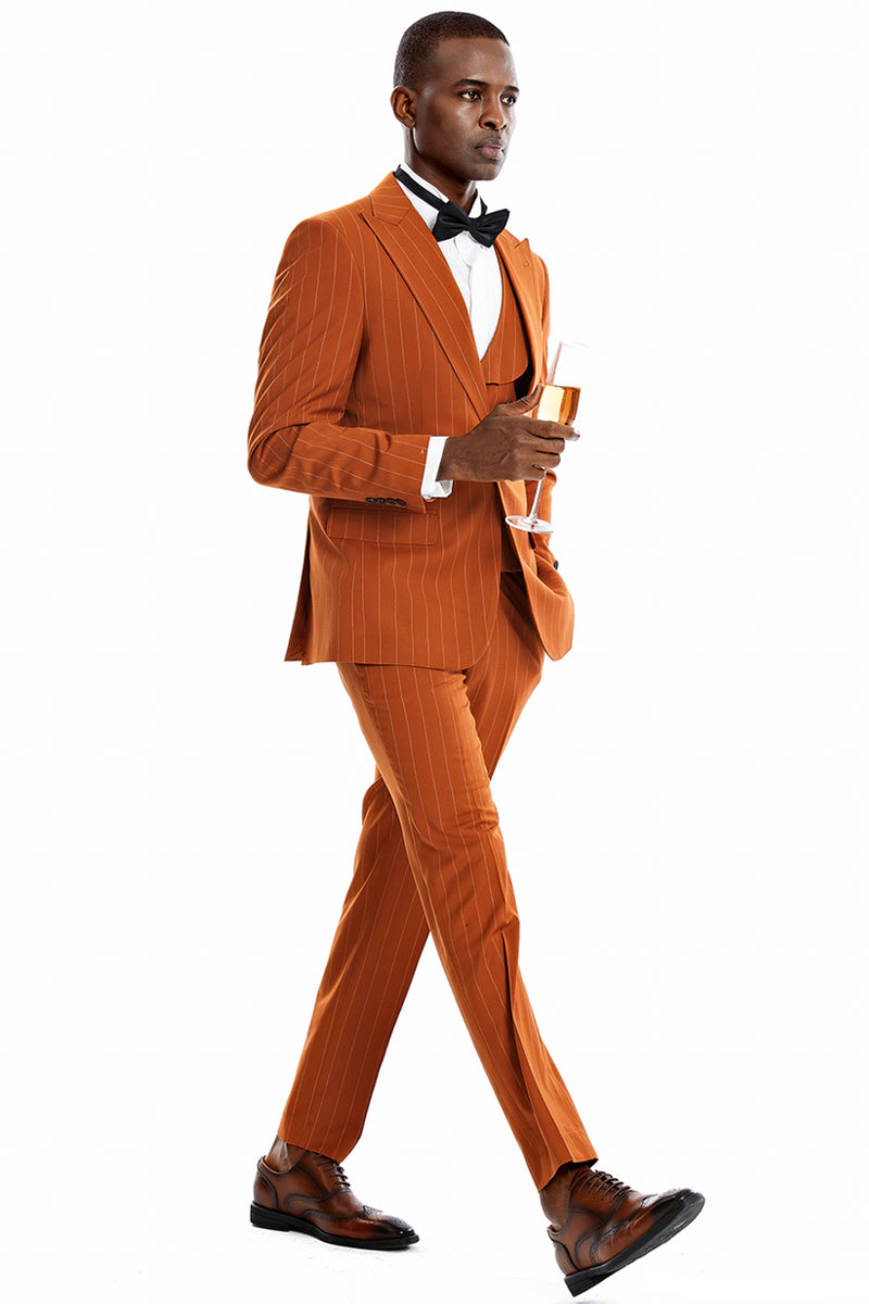 Men's One Button Vested Wide Peak Lapel Bold Gangster Pinstripe Suit in Orange Rust
