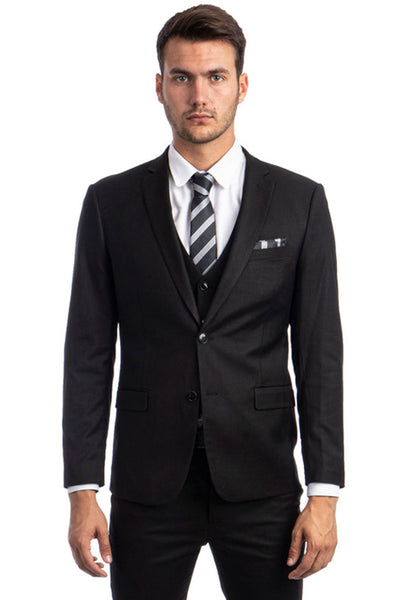 Men's Two Button Slim Fit Vested Solid Basic Color Suit in Black