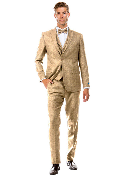 Men's Two Button Vested Vintage Style Tweed Wedding Suit in Beige