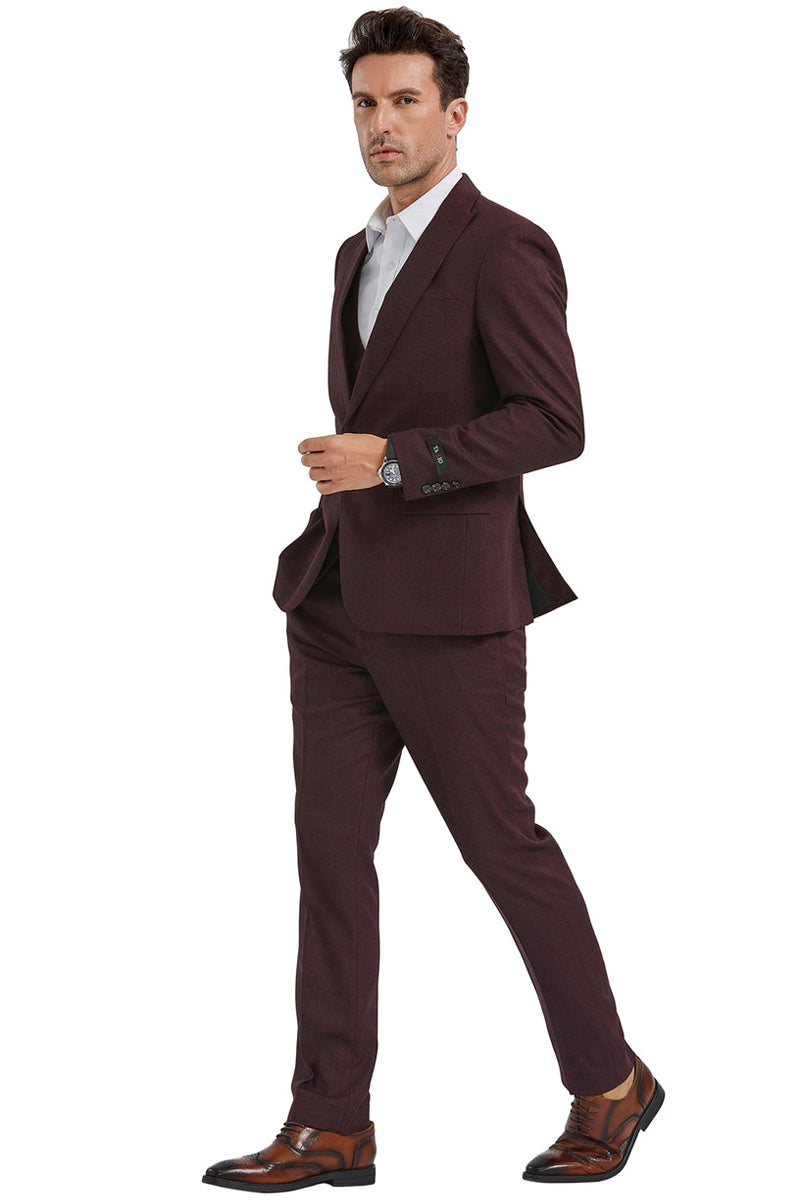 Men's Slim Fit One Button Peak Lapel Suit with Double Breasted Vest in Burgundy Sharkskin