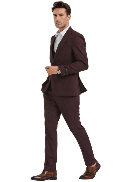 Men's Slim Fit One Button Peak Lapel Suit with Double Breasted Vest in Burgundy Sharkskin