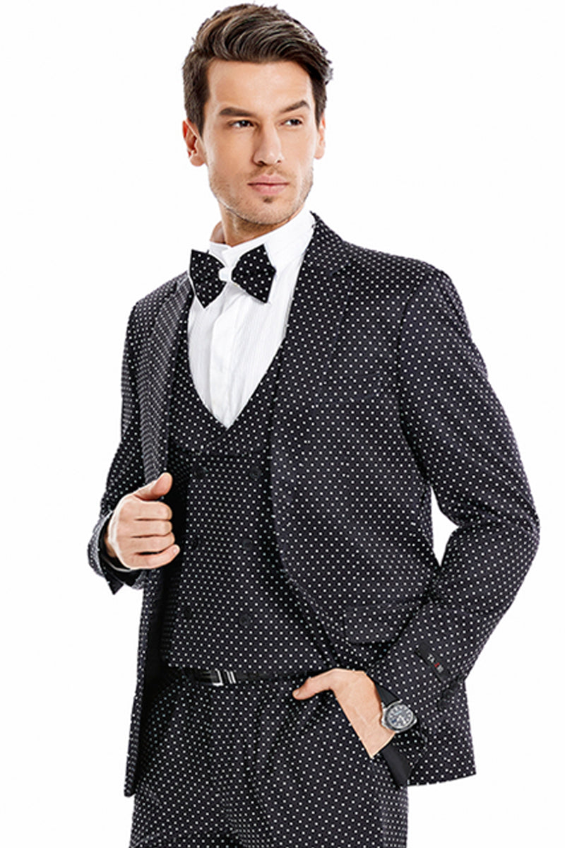 Men's One Button Vested Mini Polka Dot Prom Suit in Black & White