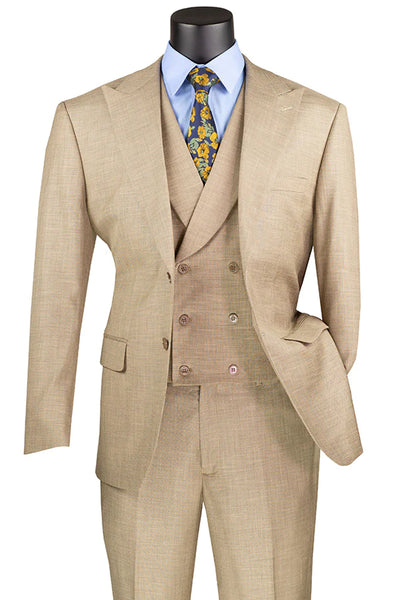 Men's Summer Sharkskin Suit with Double Breasted Vest in Tan