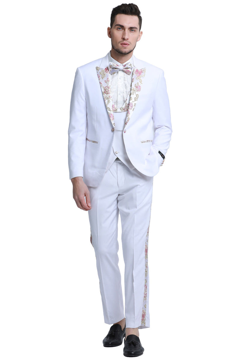 Men's One Button Vested Prom & Wedding Tuxedo in White with Floral Peak Lapel