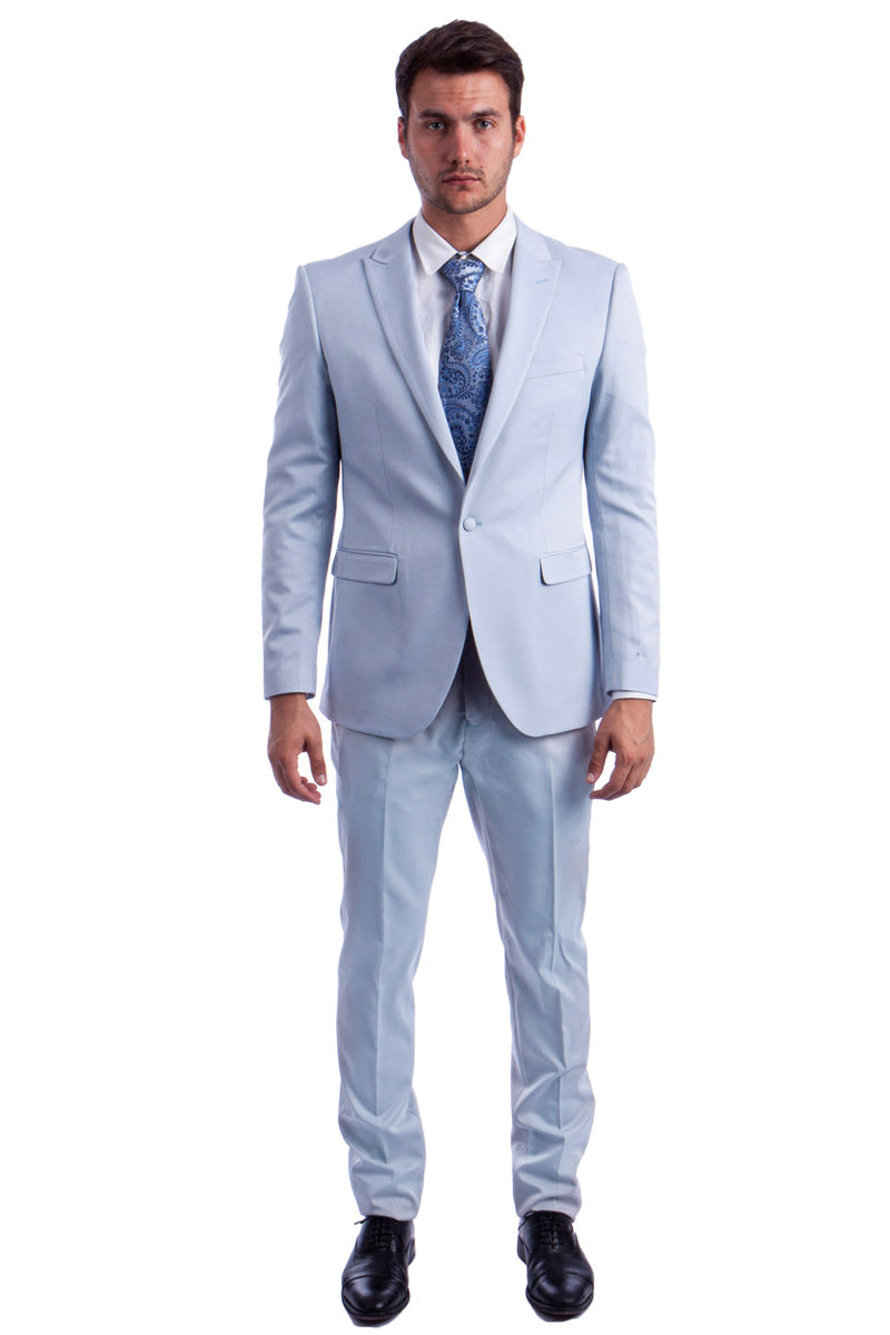 Men's One Button Peak Lapel Basic Slim Fit Suit in Light Blue