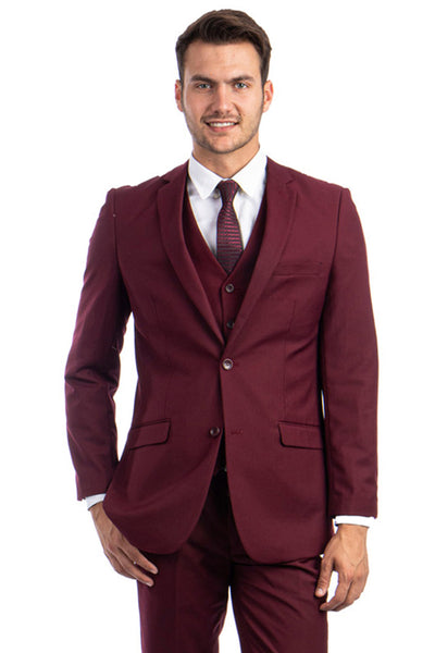 Men's Two Button Basic Hybrid Fit Vested Suit in Burgundy
