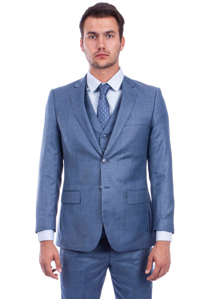 Men's Two Button Hybrid Fit Vested Sharkskin Wedding & Business Suit in Ocean Blue