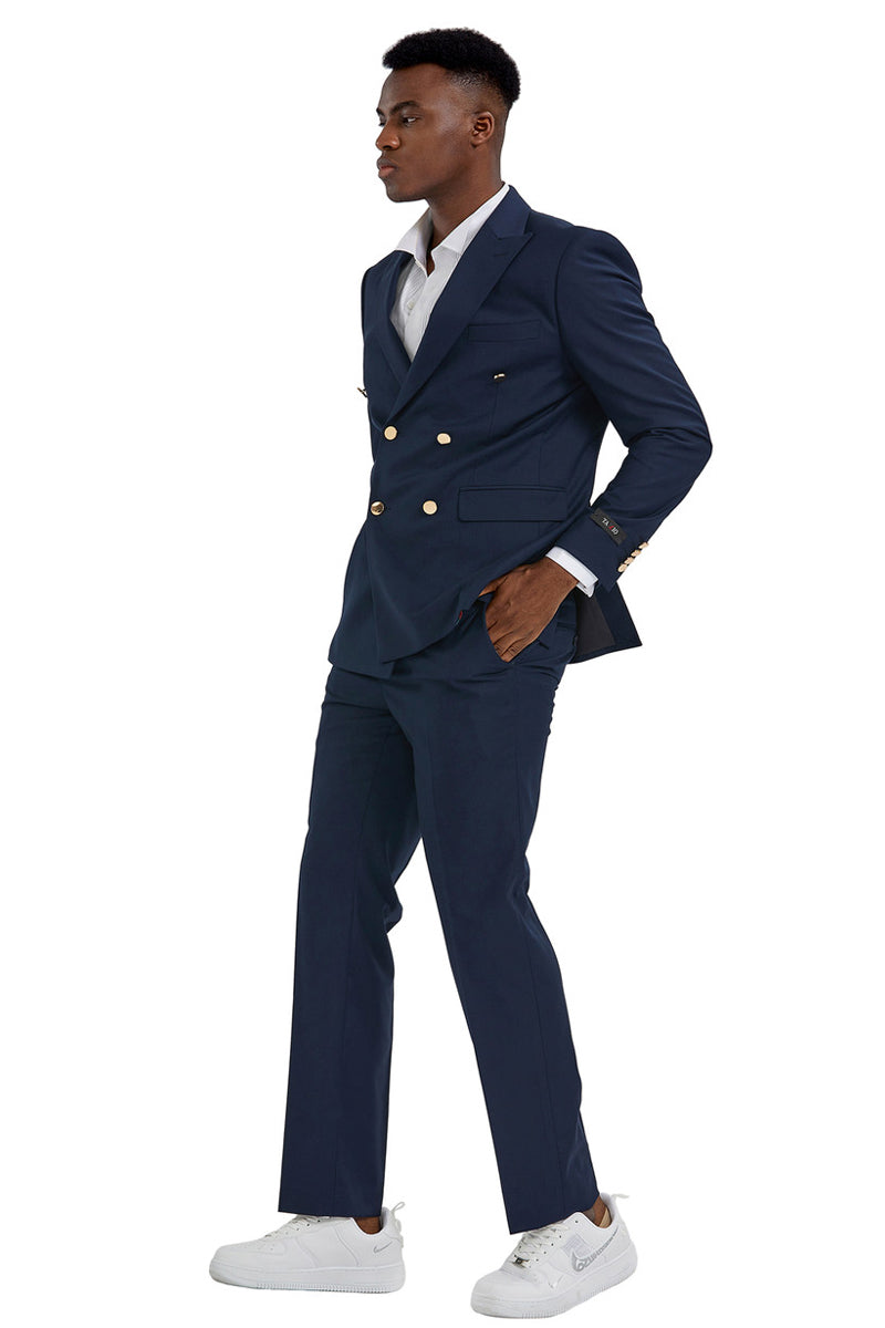 Men's Slim Fit Double Breasted Wedding Suit with Gold Buttons in Navy Blue, 38 Regular / Navy