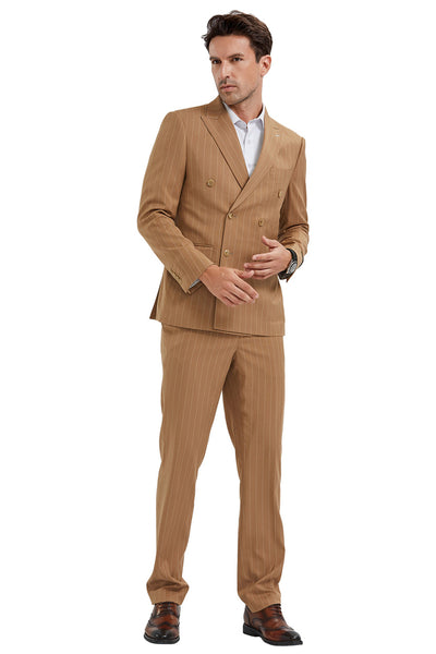 Men's Slim Fit Double Breasted Bold Gangster Pinstripe Suit in Camel