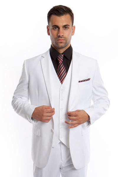 Men's Vested Two Button Solid Color Wedding & Business Suit in White