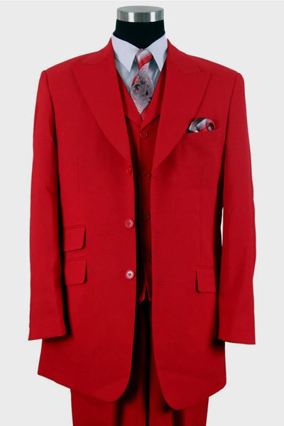 Mens 3 Button Vested Wide Peak Lapel Fashion Suit in Red