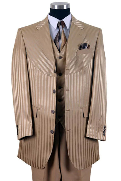 Mens 4 button Semi Wide Leg Shiny Tonal Stripe Fashion Suit in Gold