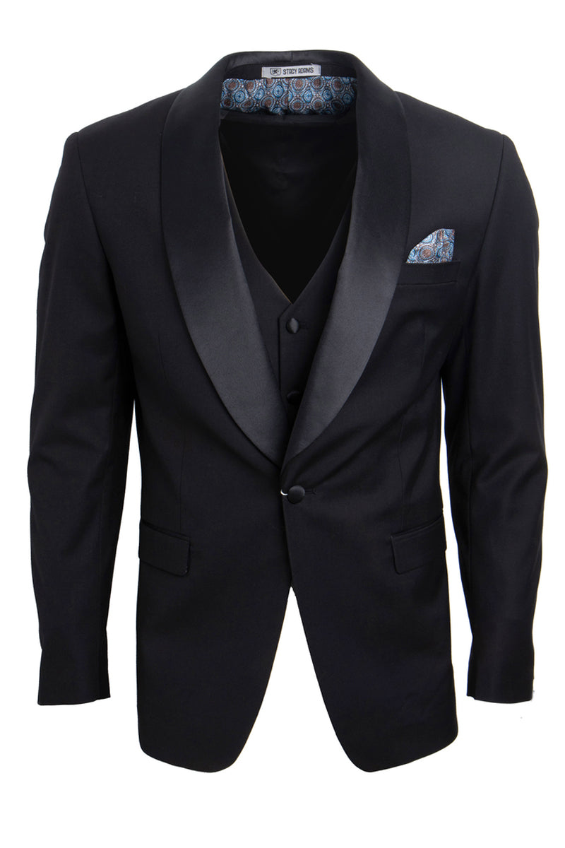 Men's Stacy Adams Vested One Button Shawl Lapel Tuxedo in Black