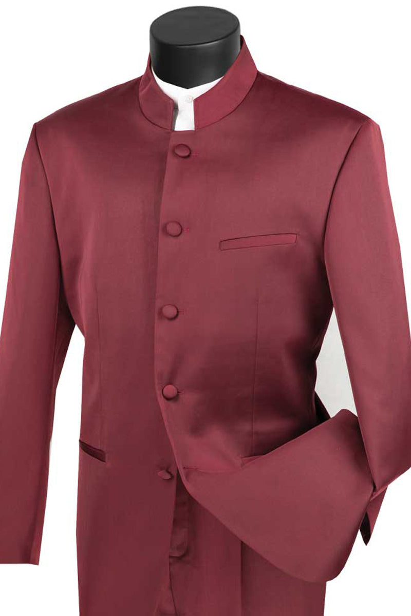 Mens Five Button Mandarin Banded Tuxedo in Burgundy