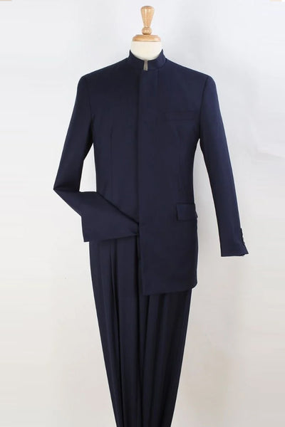 Mens Mandarin Banded Collar French Front Suit in Navy