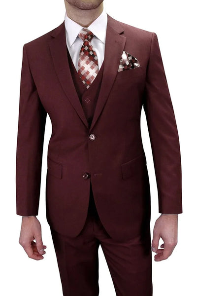 Mens Two Button Classic Fit Vested Suin in Burgundy