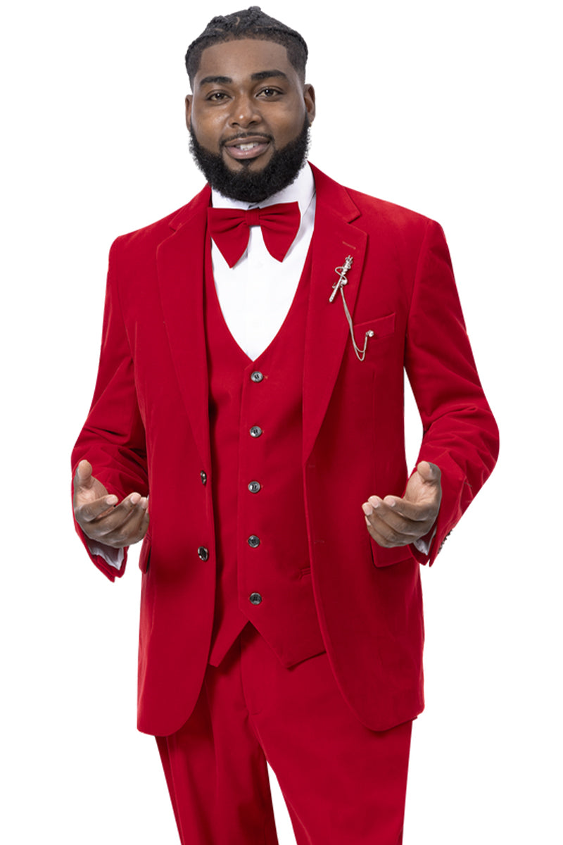 Mens Two Button Vested Velvet Suit in Red