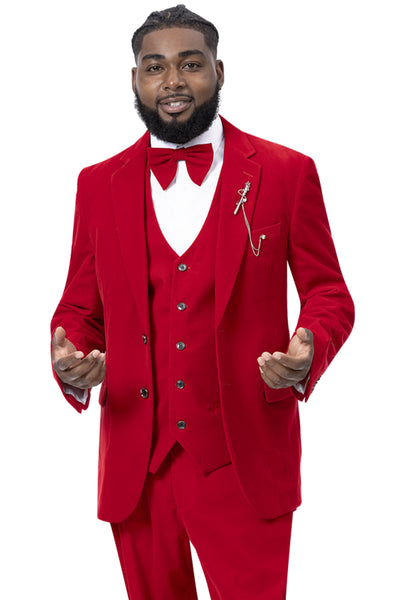 Mens Two Button Vested Velvet Suit in Red