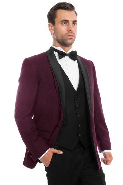 Men's One Button Vested Satin Trimmed Shawl Lapel Tuxedo in Burgundy