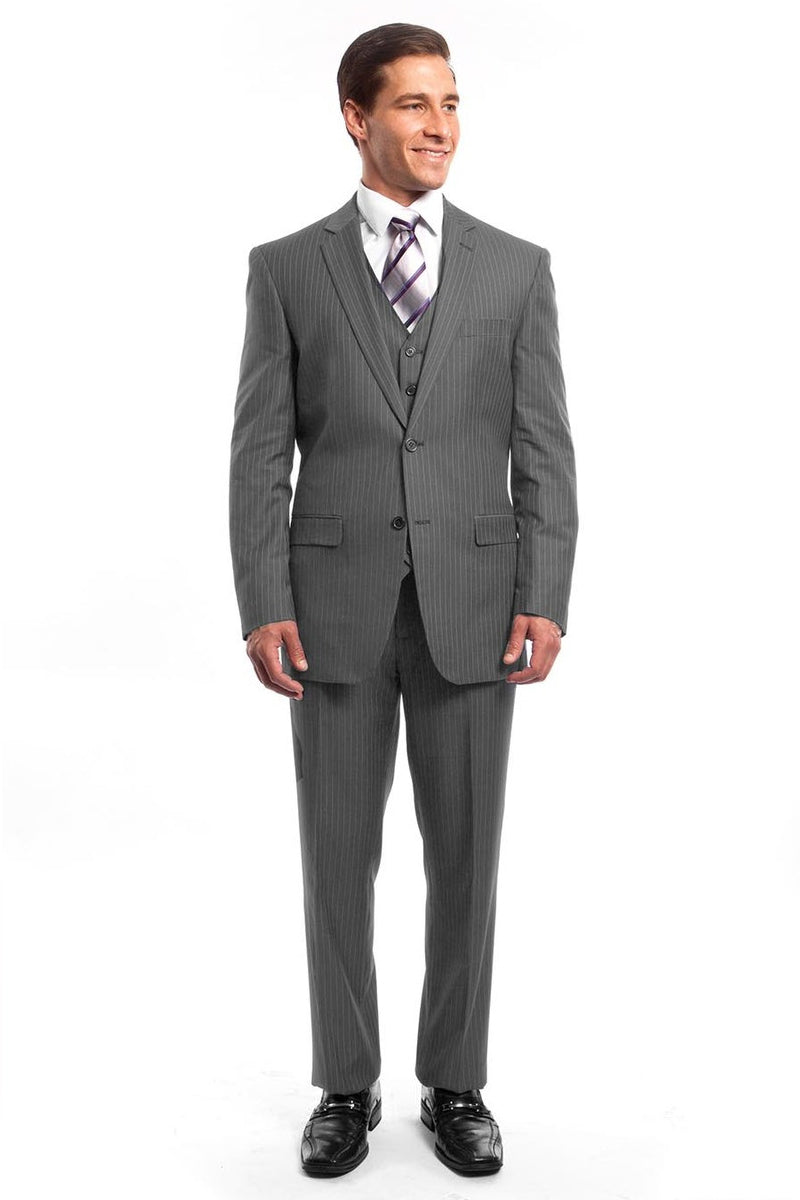 Men's Two Button Vested Business Suit in Light Grey Pinstripe