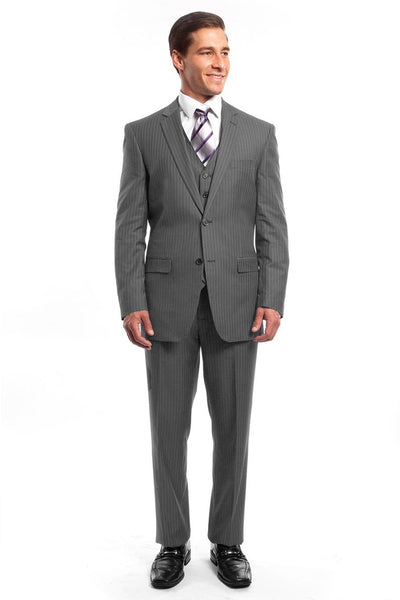 Men's Two Button Vested Business Suit in Light Grey Pinstripe