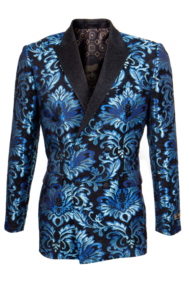 Men's Double Breasted Shiny Shimmery Floral Brocade Tuxedo Jacket in Turquoise