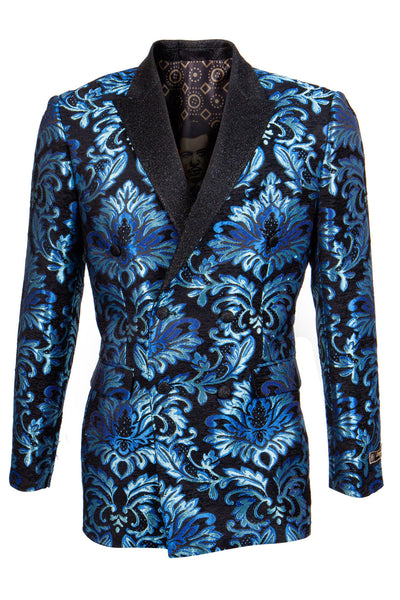 Men's Double Breasted Shiny Shimmery Floral Brocade Tuxedo Jacket in Turquoise