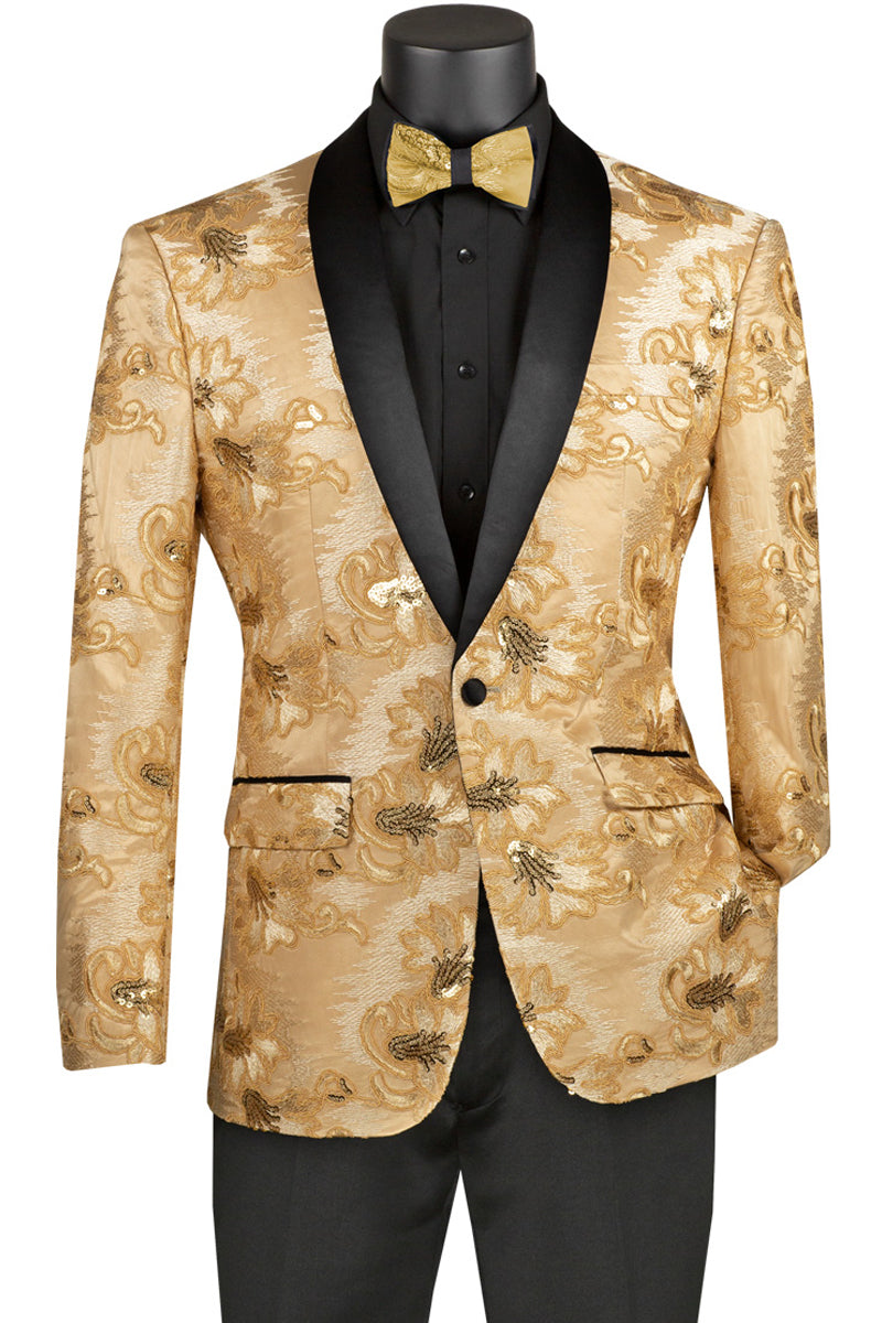 Mens Slim Fit Shiny Floral Sequin Prom Tuxedo Dinner Jacket in Champagne