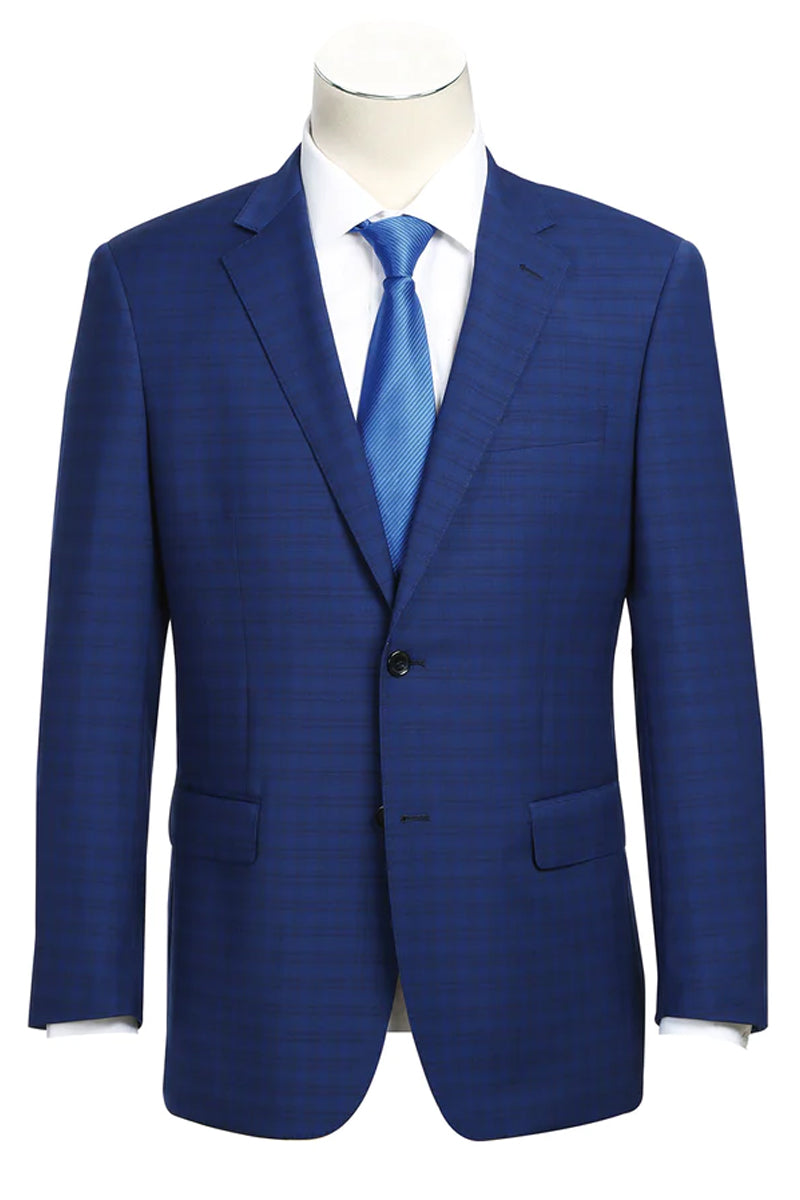 Mens Classic Fit Two Button Wool Suit in Dark Blue Windowpane Plaid Ch ...