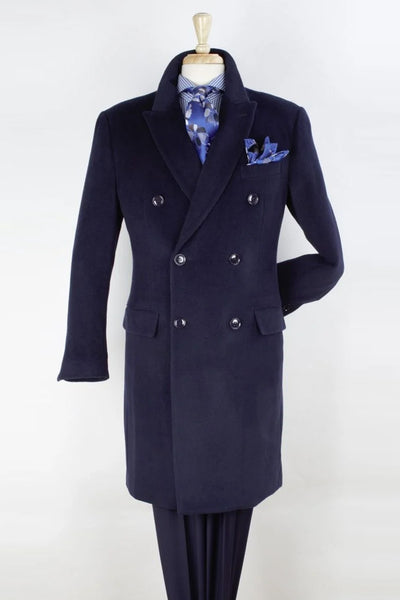Mens Double Breasted Three Quarter Length Wool Overcoat in Navy