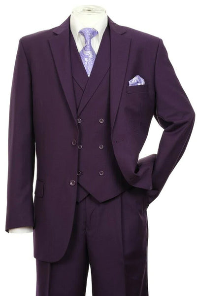 Mens 2 button Pleated Pant Suit in Purple With Double Breasted Vest