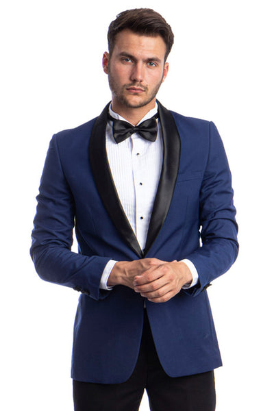 Men's Skinny Fit One Button Shawl Prom Tuxedo in Blue