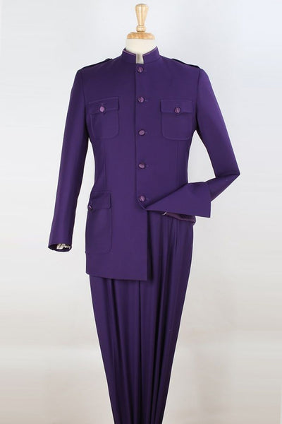 Mens Five Button Military Insired Mandarin Banded Safari Suit in Purple