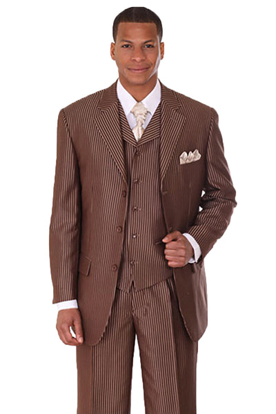 Mens 3 Button Vested Shiny Sharkskin Narrow Pinstripe Suit in Brown