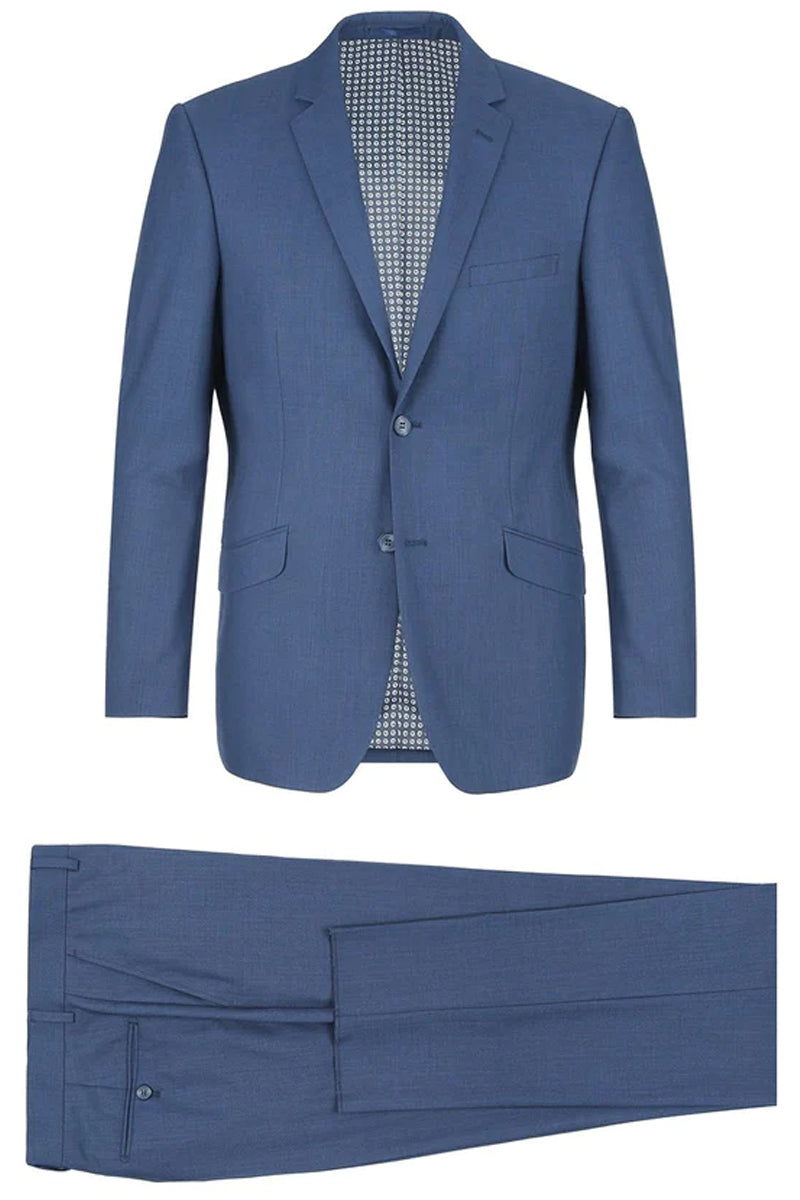 Mens Two Button Classic Fit Hack Pocket Suit in Steel Blue