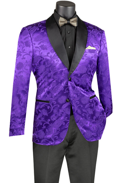 Mens Slim fit Silky Jacquard Tonal Paisley Print Prom Blazer in Purple