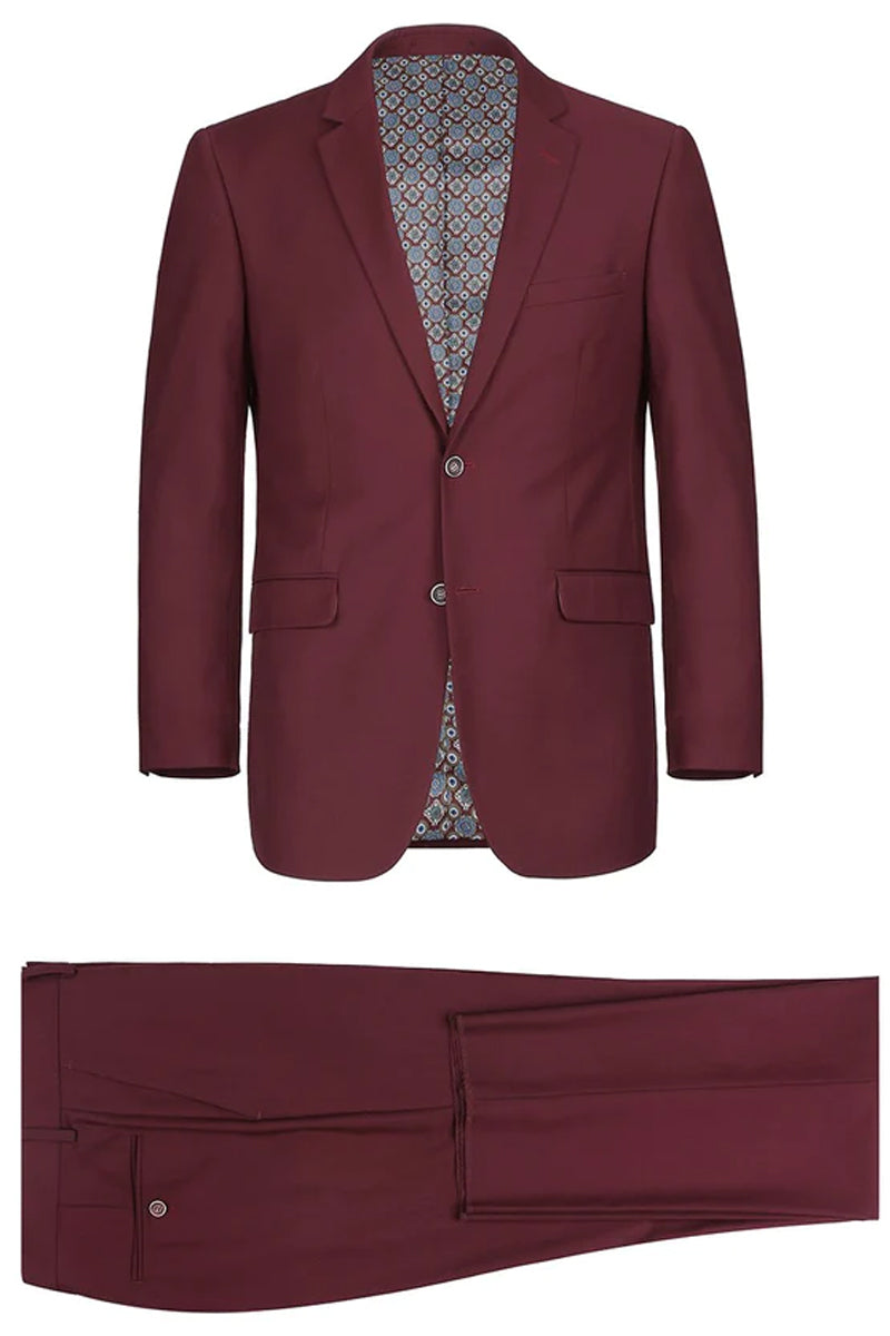 Mens Basic Two Button Slim Fit Suit with Optional Vest in Burgundy, 58 Long / Burgundy / 3 Piece with Vest