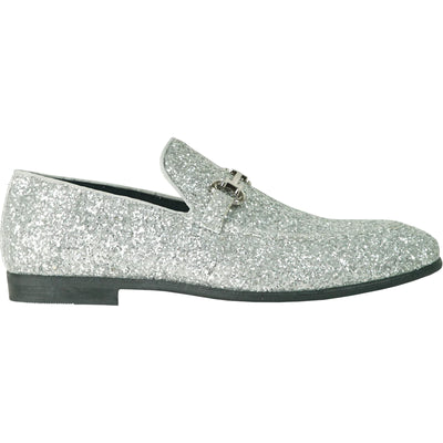 Mens Modern Glitter Sequin Prom Tuxedo Buckle Loafer in Silver Grey
