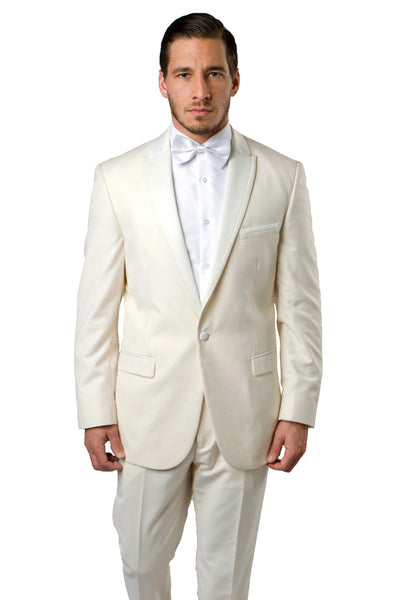 Men's Slim Fit One Button Satin Trim Peak Lapel Prom & Wedding Tuxedo in Ivory