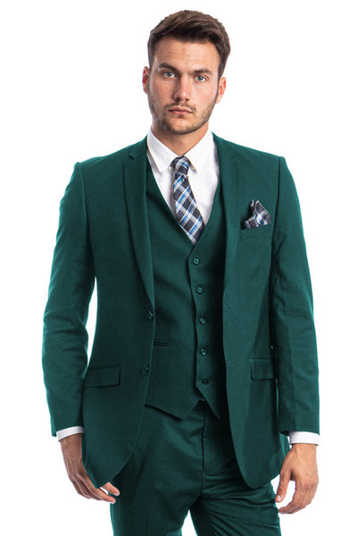 Men's Two Button Slim Fit Basic Vested Wedding Suit in Teal Green