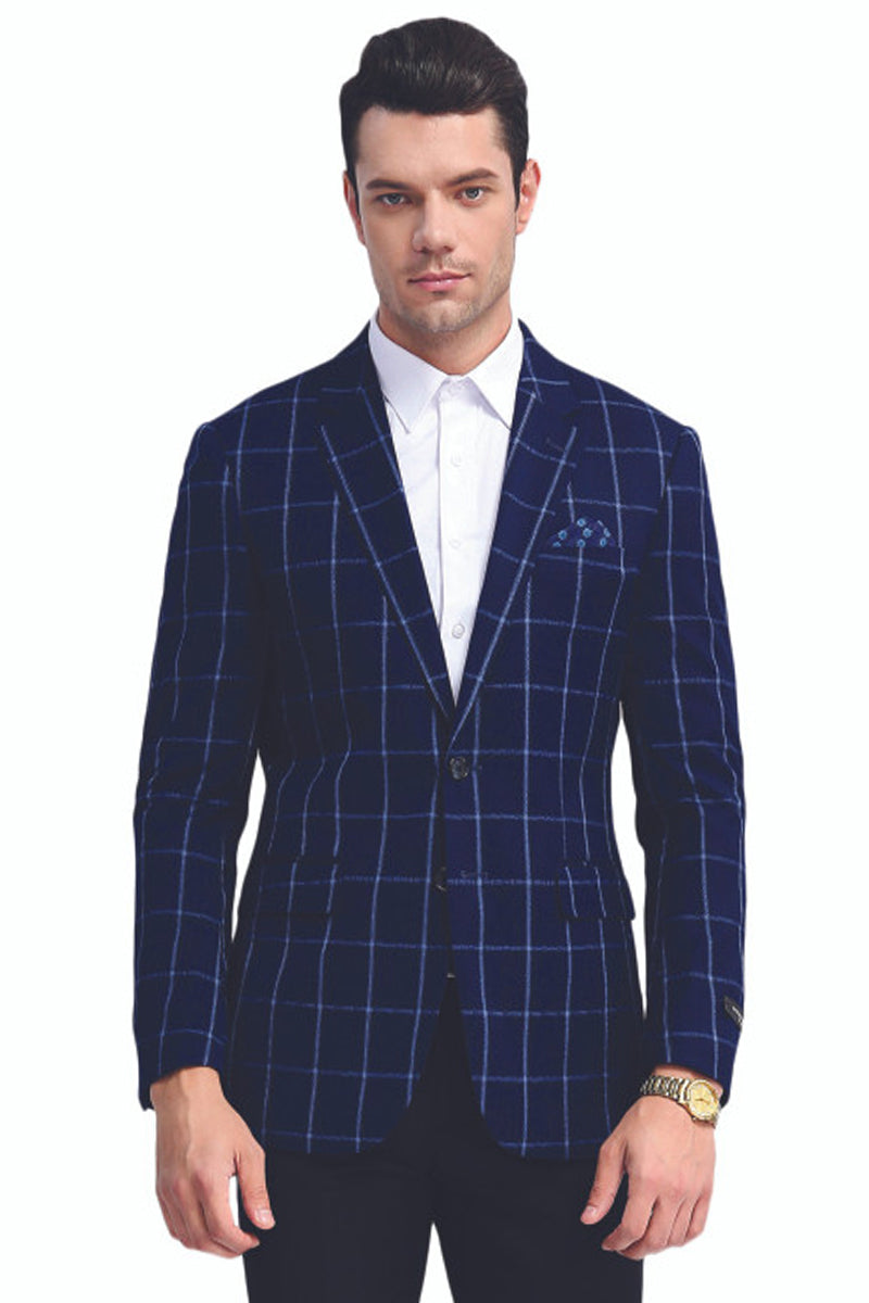 Men's Slim Fit Two Button Chalk Bold Windowpane Sport Coat in Navy Blue